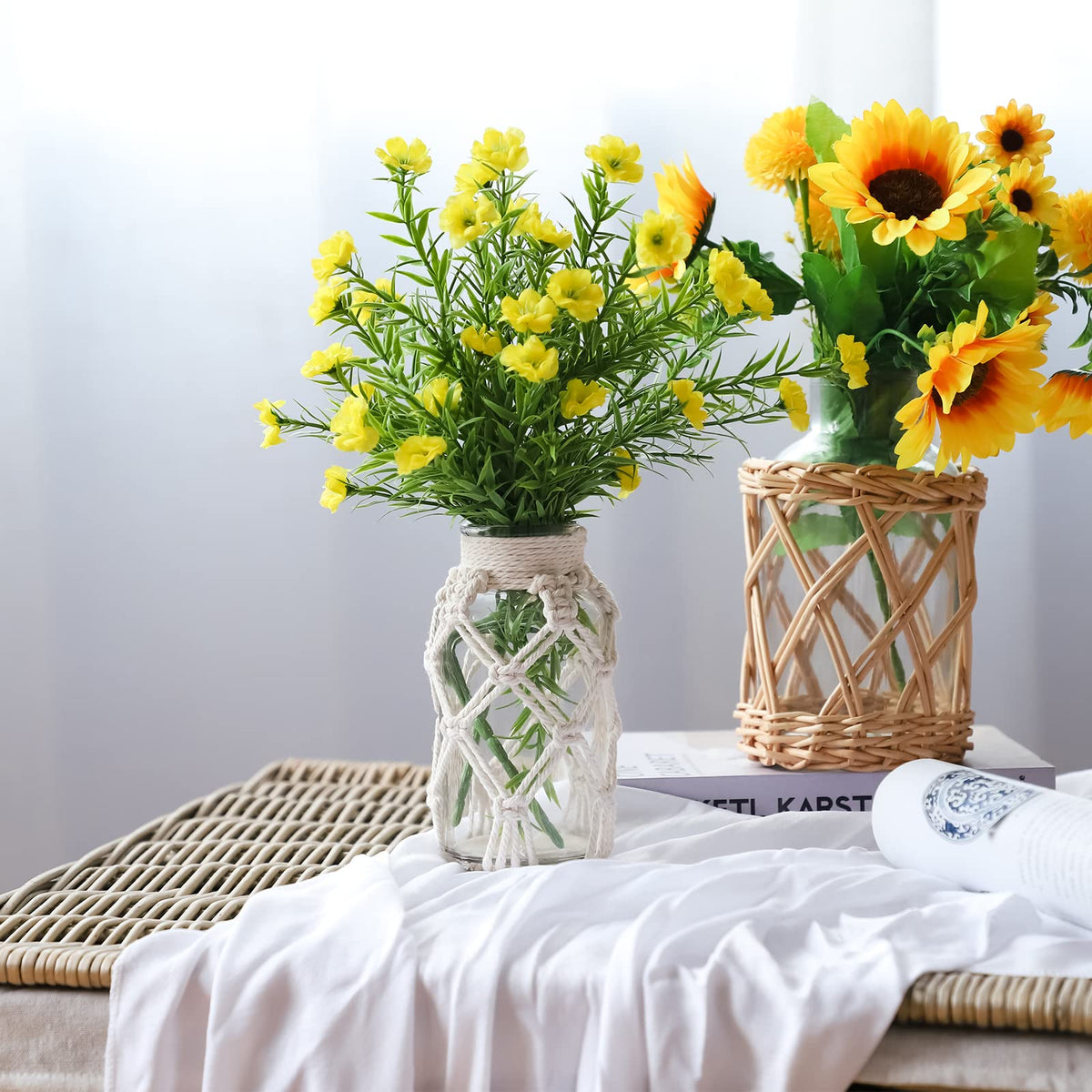 Flower Vases with Cotton Rope Cover Woven Glass Vase Decorative Flower Bottle for Dining Room/Bedroom/Bathroom/Mantel (Cotton)