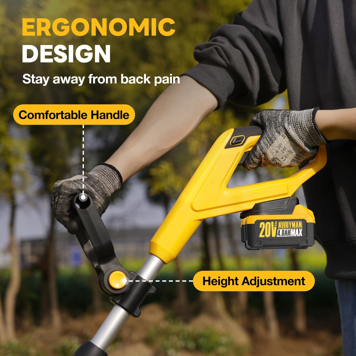 Alloyman 20V Cordless Tiller Cultivator, 360RPM Electric Garden Tiller, with 2 * 4.0Ah Batteries & Charger, 9In Tilling Width and 6.6In Depth Garden Rototiller for Lawn/Gardening/Soil Cultivation