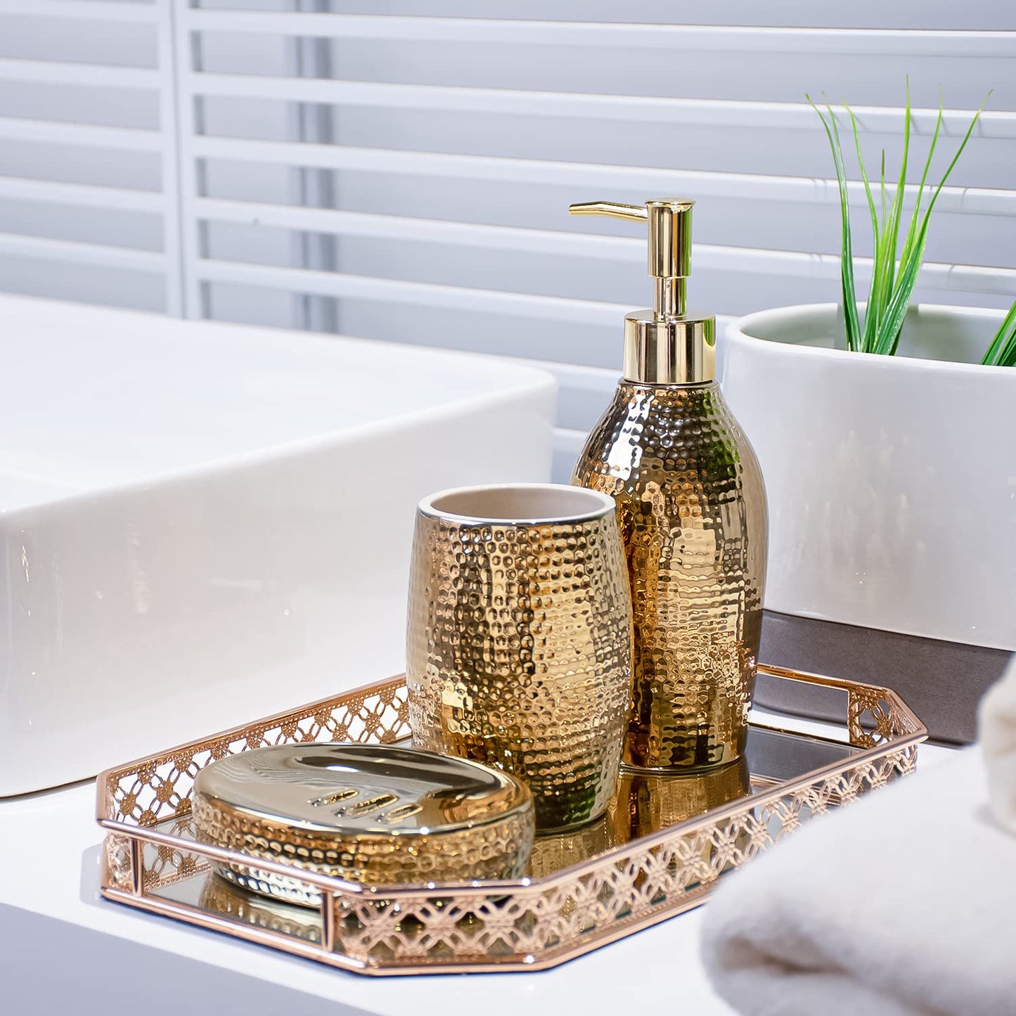 Gold Bathroom Accessory Set - 3 Piece Decorative Ceramic Bathroom Accessories Sets with Lotion Soap Dispenser, Toothbrush Holder/Tumbler and Soap Dish, Golden Gift Set for New Home Decor