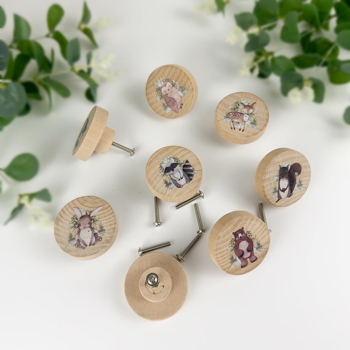 Lasyman 8Pack1.8 Natural Wood Nursery Dresser Cabinet Furniture Knobs Wooden Animal Cabinet Kids Cute Drawer Pulls