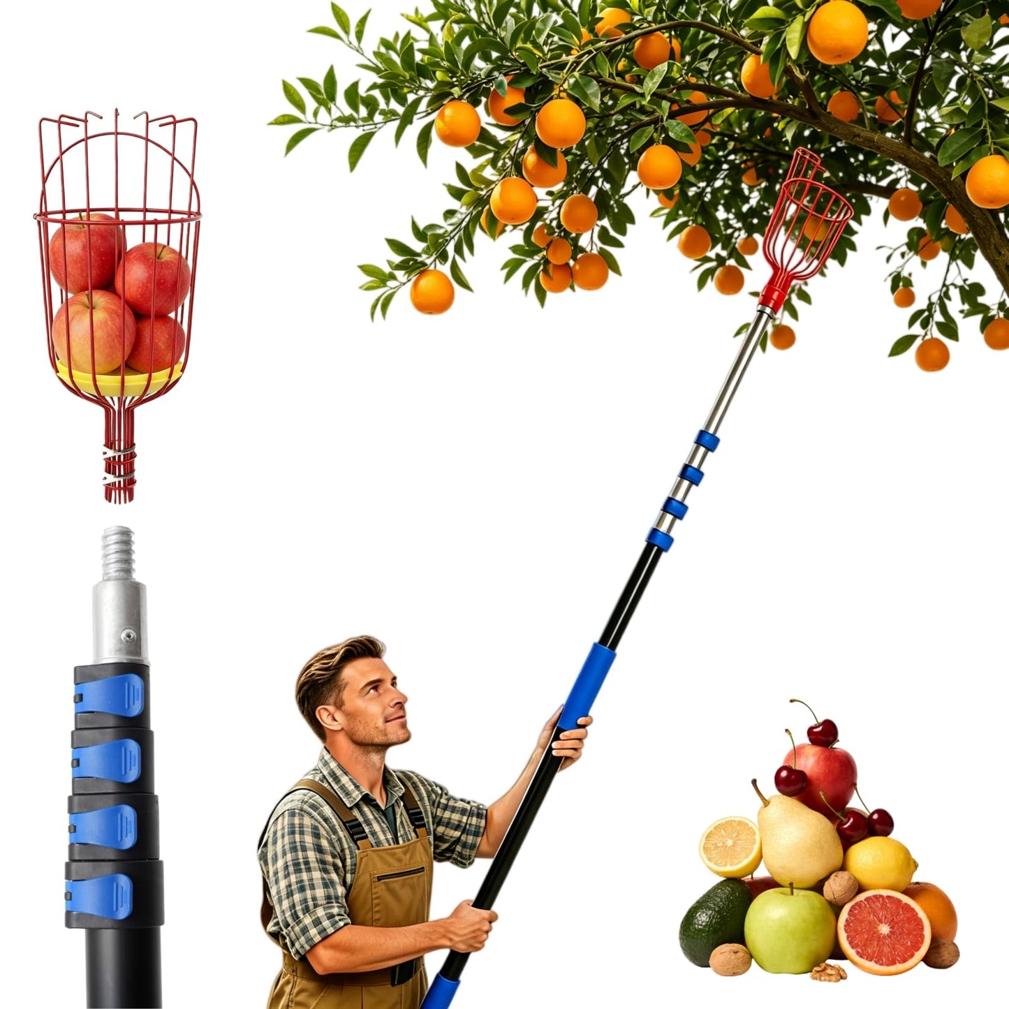 Karveden 26FT Reach Fruit Picker Pole with Basket Telescoping, 5-20FT Extendable Aluminum Apple Picker for Picking Avocados, Figs, Mangoes, Citrus Fruits - Durable Harvesting Fruit Catcher for Trees