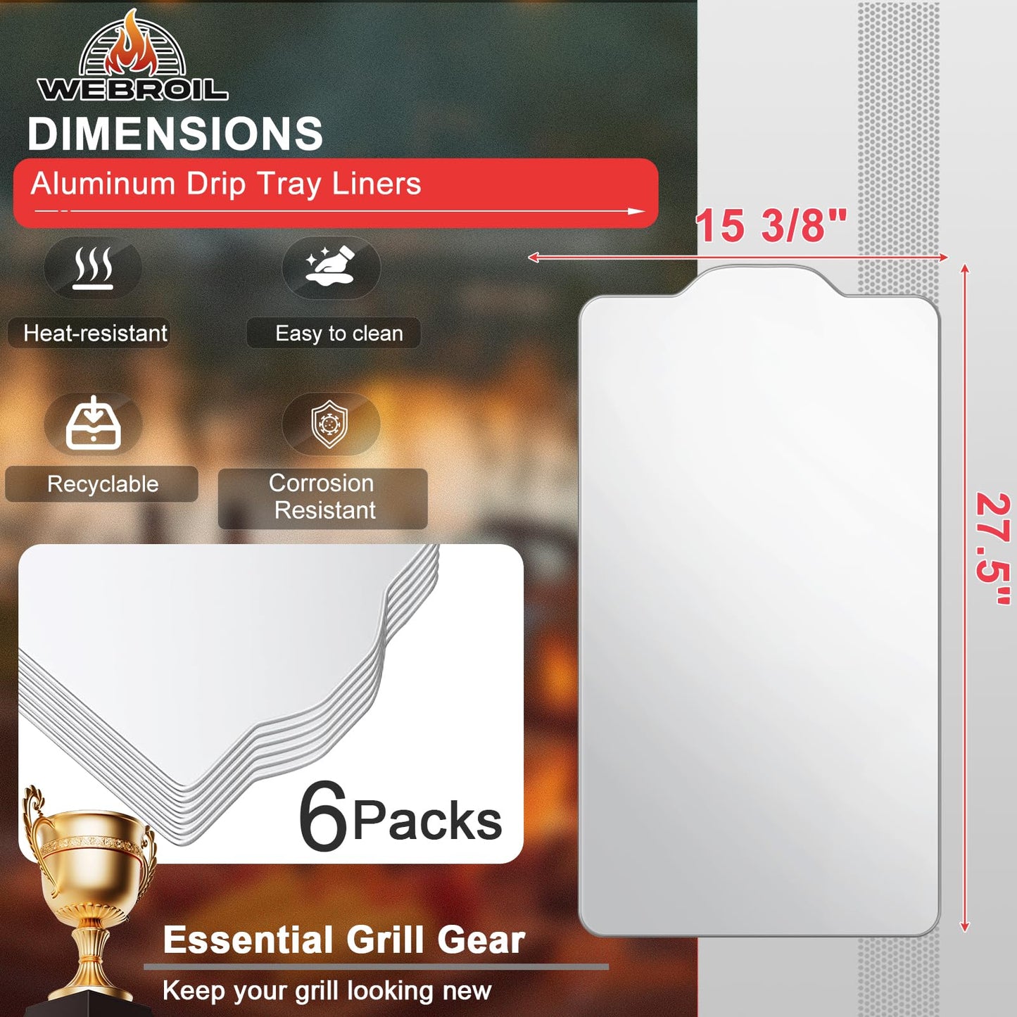 WEBROIL 6 Packs BAC520 Drip Tray Liners for Traeger Pro 780 Pellet Smoker Grill, Heat-Resistant Foil Liners for Traeger Pro 780 Grill Accessories, Aluminum Tray for Catching Grease 26" x 16"