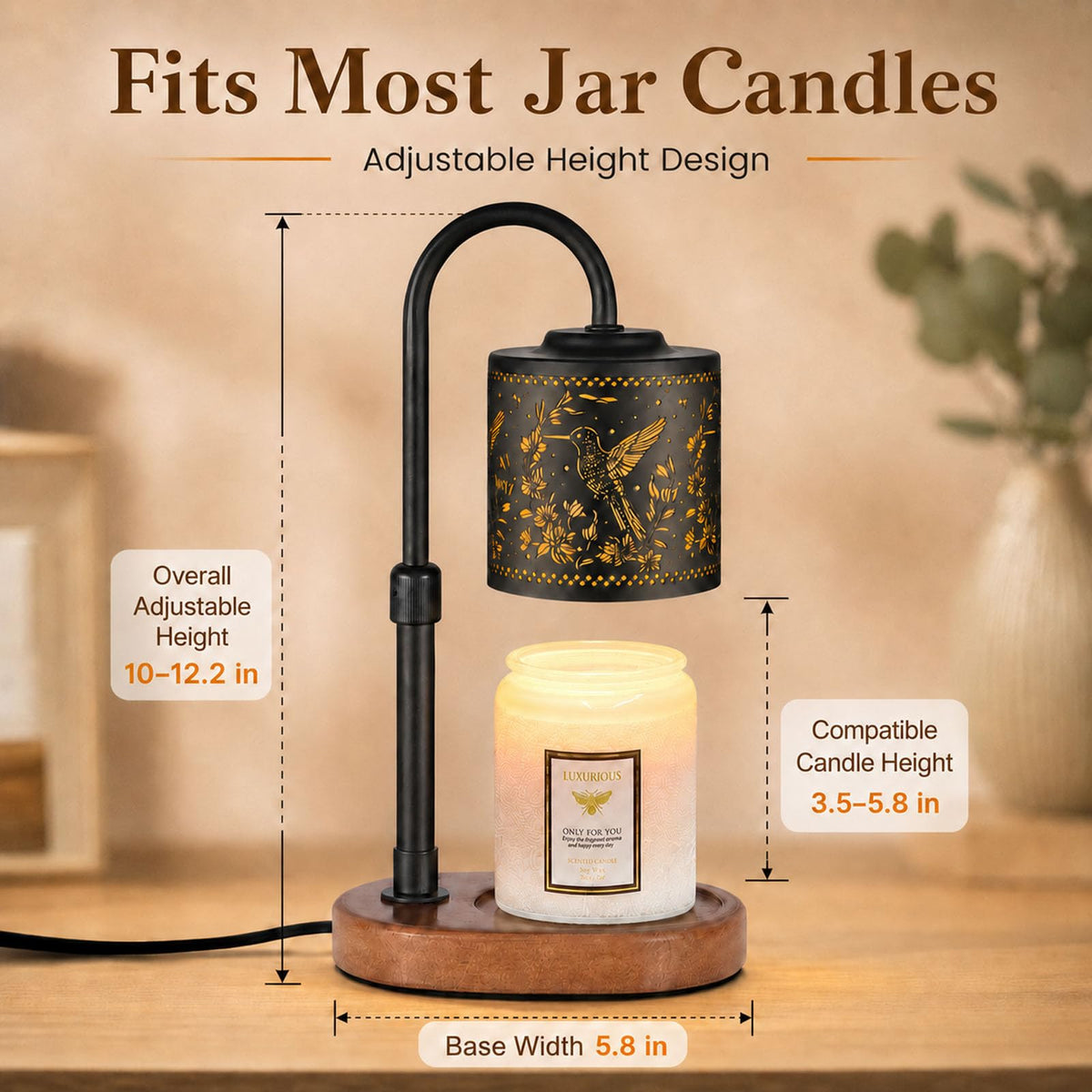 copinpin Dimmable Candle Warmer Lamp with Timer Adjustable Height for Scented Jar Candles Electric Candle Wax Melt Warmer for Home Decor Christmas Birthday Gifts for Women Mom(Hummingbird)