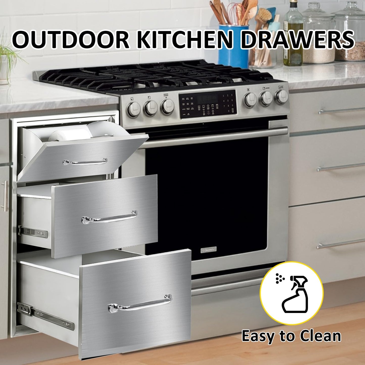 Outdoor Kitchen Drawers with Paper Towel Holder 17" W x 30"H Flush Mount BBQ Drawers with Chrome Handle,Stainless Steel Built-in Triple Access Drawers for Outdoor Kitchen Island, Patio Grill Station