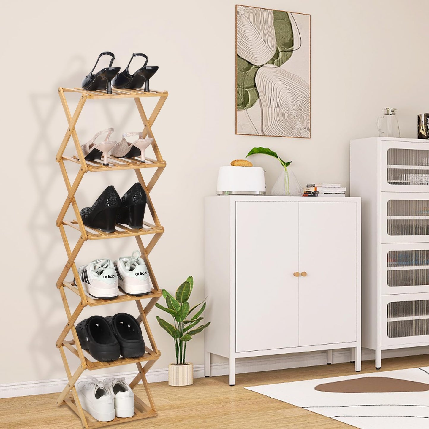 Fengzhizhu Bamboo Shoe Rack 6 Tier Foldable Shoe Rack for Entryway
