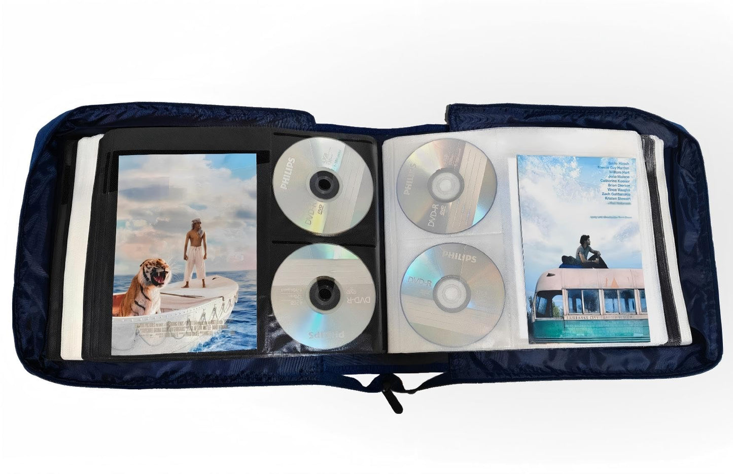 DVD CD Storage Case with Extra Wide Title Cover Pages for Blu Ray Movie Music Audio Disk (Portable Carrying Binder Holder Wallet Album Home Organizer Shelf )- Blue, 128 disk units, 64 cover pockets