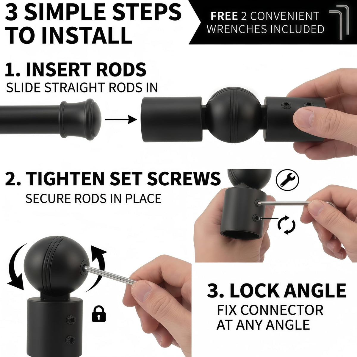 Heavy Duty Adjustable Corner Curtain Rod Connector, 2 Pack Black Metal Hinged Elbow Connector for 1 Inch Bay Window Curtain Rods & Blinds
