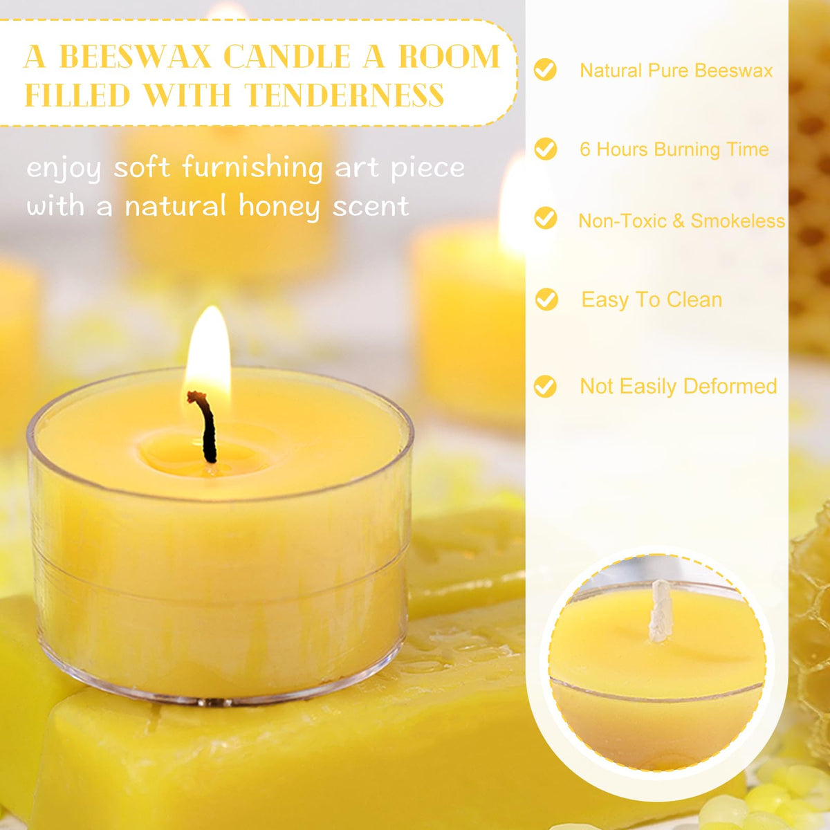 Pure Beeswax Tealight Candles,6-Hour Burn Tea Candles,36 Pack