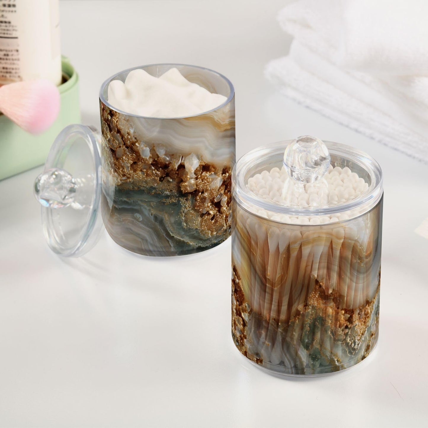 Xmycdz 2 Pack Agate Marble Apothecary Jars with Lid, 10 Oz Clear Plastic Apothecary Jar Set Qtip Holder Storage Containers for Cotton Ball Swabs Bathroom Vanity
