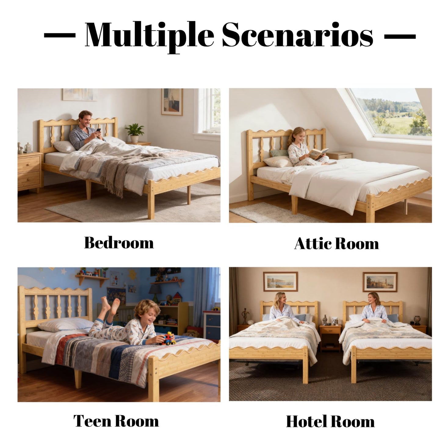 Bednowitz Bamboo Twin XL Bed Frame with Headboard, 14 inch Solid Wood Platform Bed Frames Twin XL Size with Metal Slats, No Box Spring Needed, Easy Assembly, Noise Free