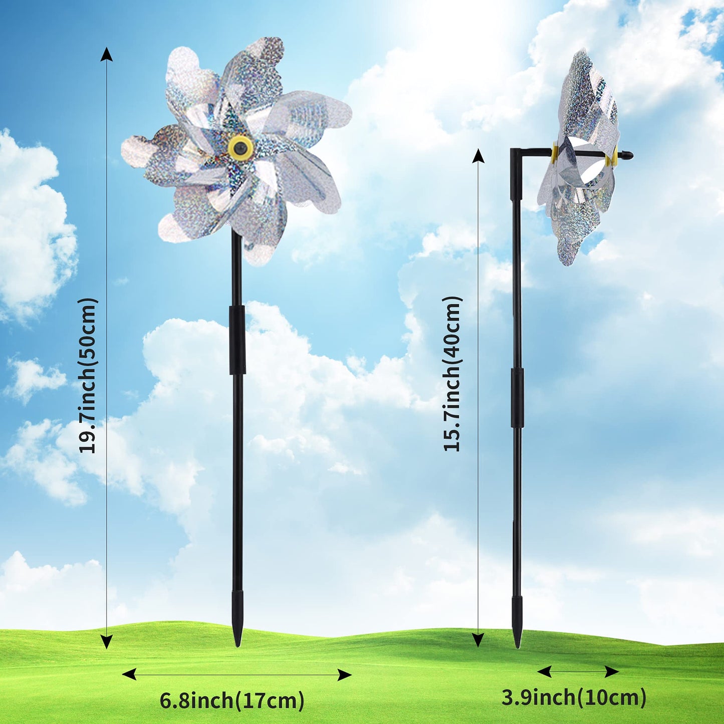 BATTIFE Reflective Pinwheels for Yard and Garden, Pre-Installed Sparkly Blind Birds Pin Wheel, Scare Birds & Animal Away Wind Spinner, 12 Pack (Silver)