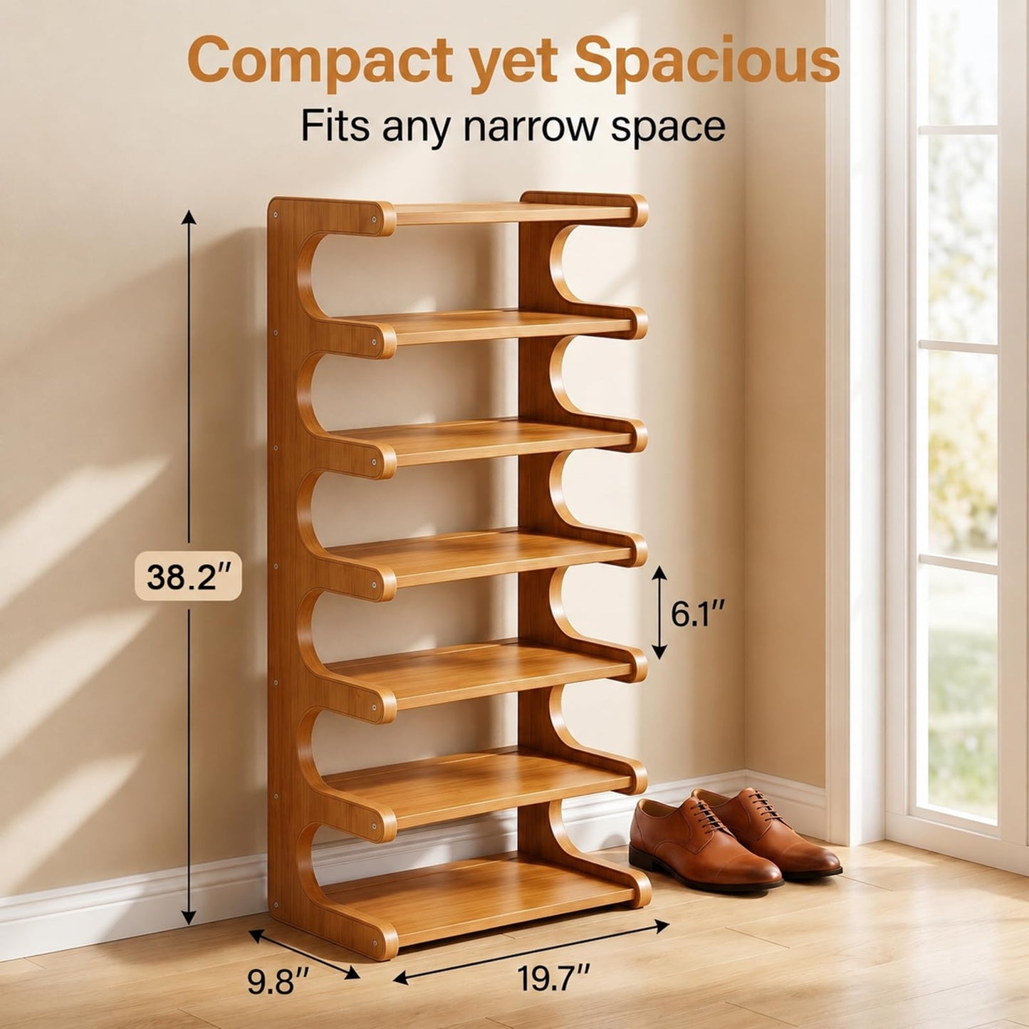 Vertical Bamboo Shoe Rack for Entryway - 7 Tier Tall Narrow Wooden Shoe Rack Tower, Freestanding Floor Shoe Storage Organizer for Closet, Bedroom, Corner & Small Spaces, Heavy Duty Open Shelf, Walnut