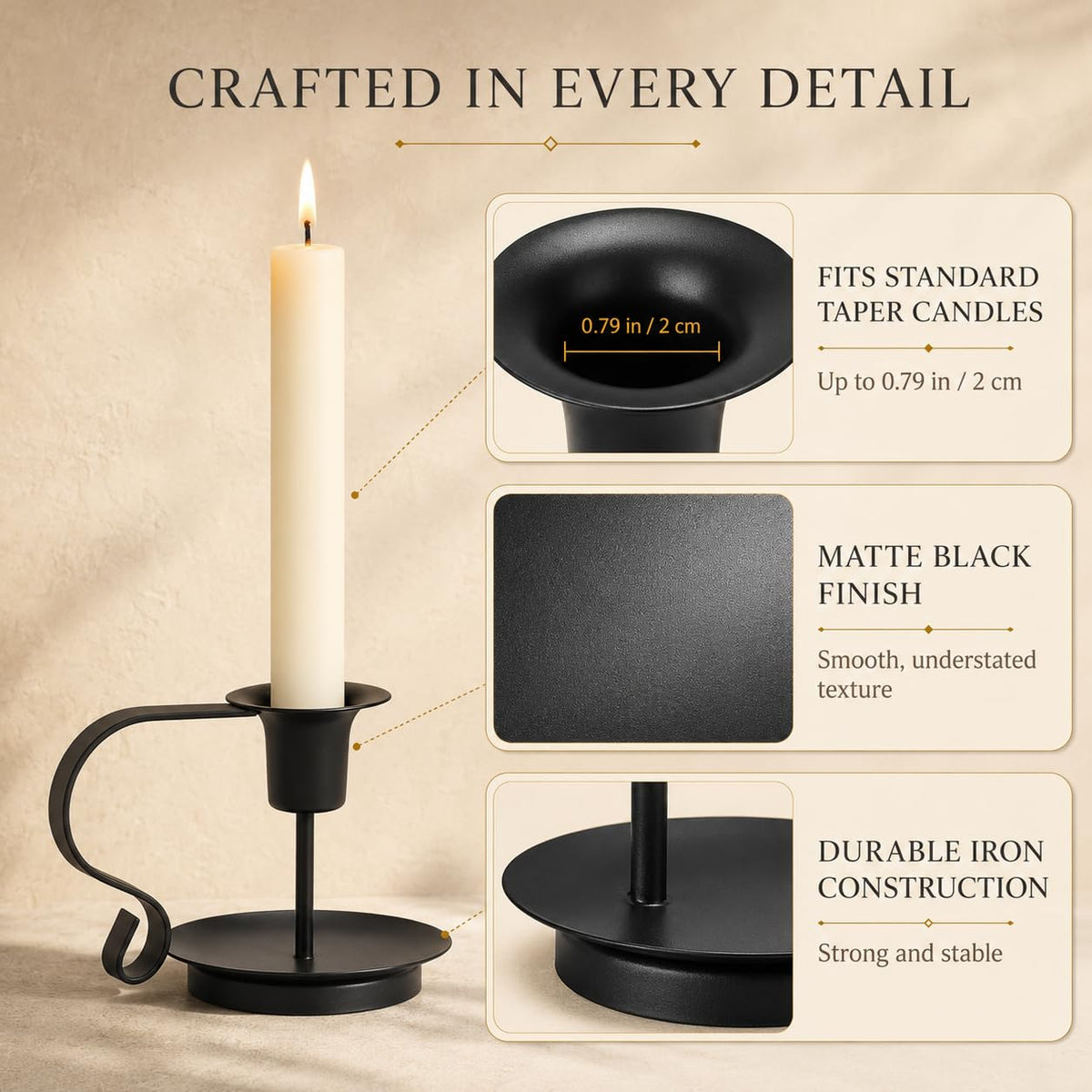 Black Taper Candle Holders Set of 2, Iron Candlestick Holders
