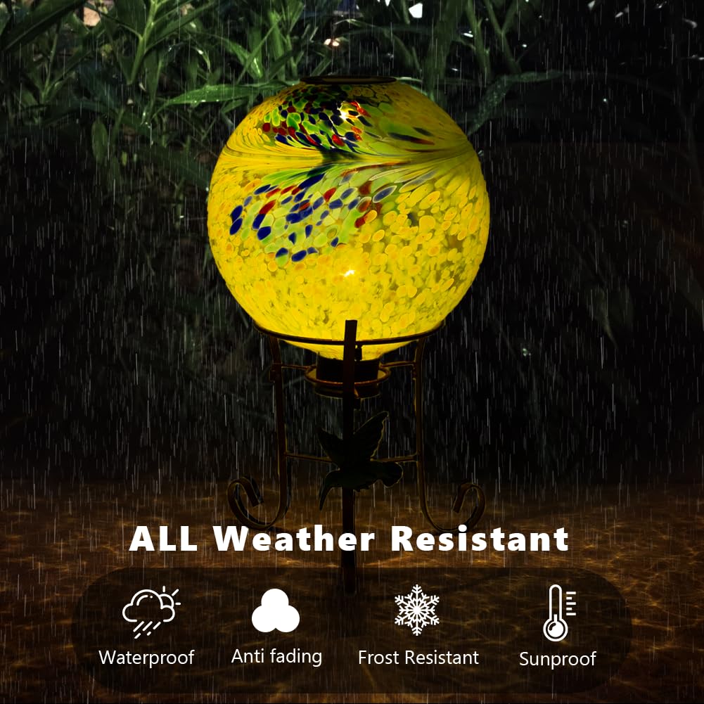 YELENEW 10" Diameter Solar Gazing Ball and 8.5" Metal Stand Indoor Outdoor Glass Globe Sphere Yard Art Ornament Solar Gazing Balls for Garden,Lawn,Porch,Patio Gardening Gift for Women(Yellow)