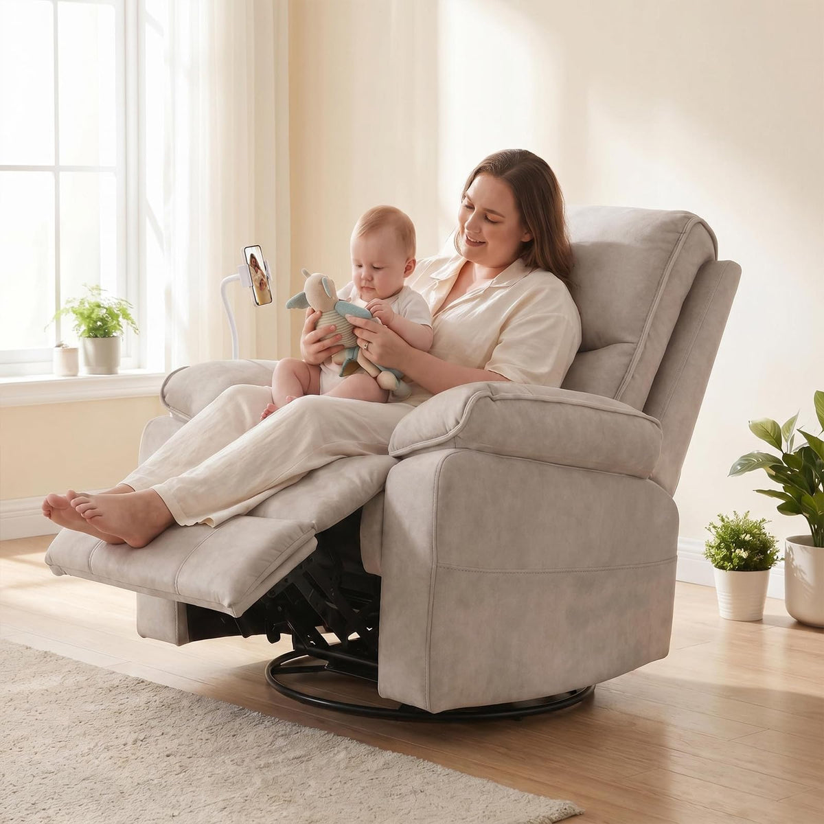DEPSIS 360° Swivel Glider Rocking Chair Nursery， Oversized Recliner with Phone Holder，Nursing Chairs for Breastfeeding with Wide Foot Rest for Living Room and Baby Room,Beige