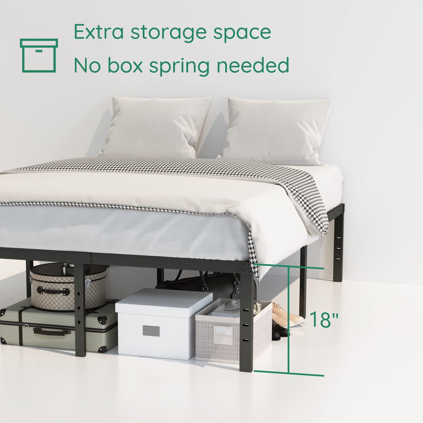 DiaOutro 18 Inch Full XL Bed Frame Heavy Duty Metal Platform No Box Spring Needed, Maximum Storage, Easy Assembly, Noise Free, Black