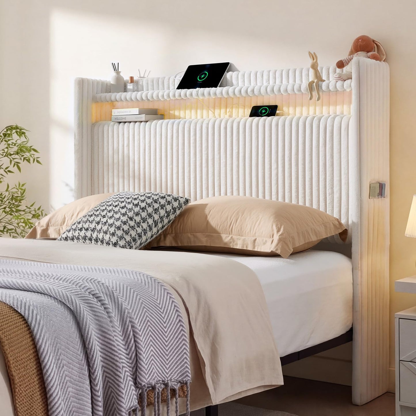 ONBRILL 54" Tall Headboard Full Size with Storage, LED Light, Corduroy Wingback Headboard with Charging Station, Upholstered Head Board Full w/High-Density Sponge Padding, Storage Pockets, Off White