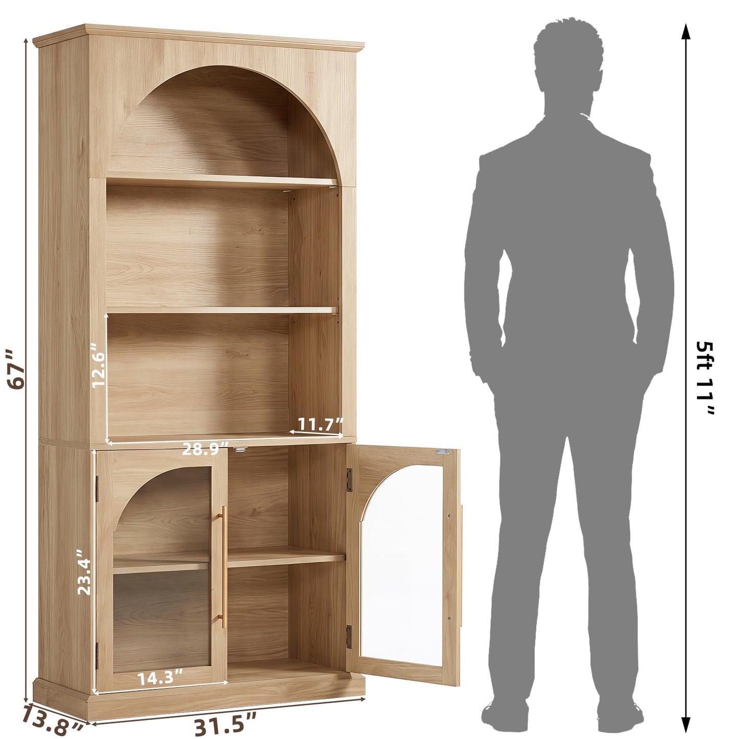 LELELINKY Arched Bookshelf with Tempered Glass Doors, 67" Tall Bookcase