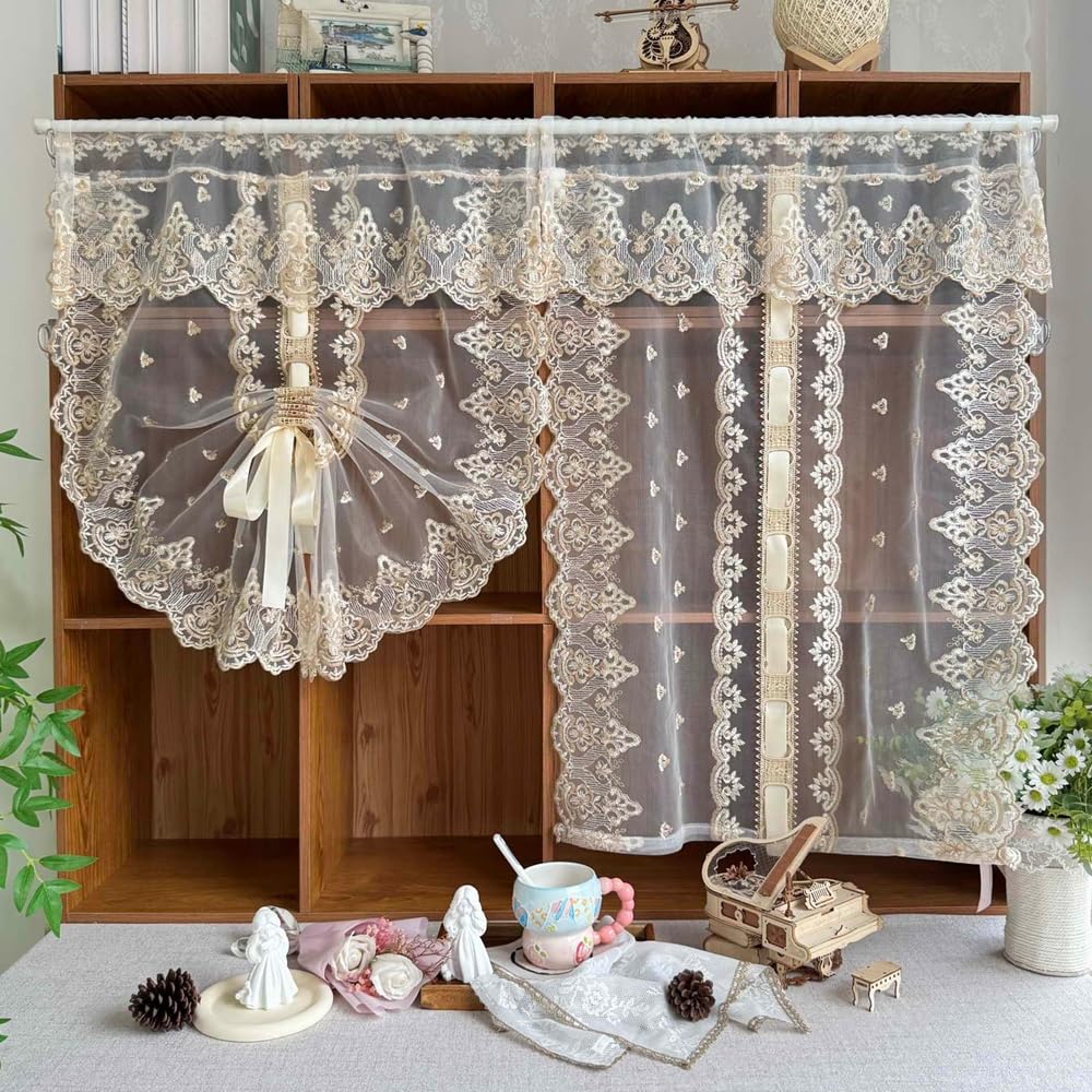 2PC Luxury Metallic Beige Flower Embroidery Lace Pull Up Balloon Curtain