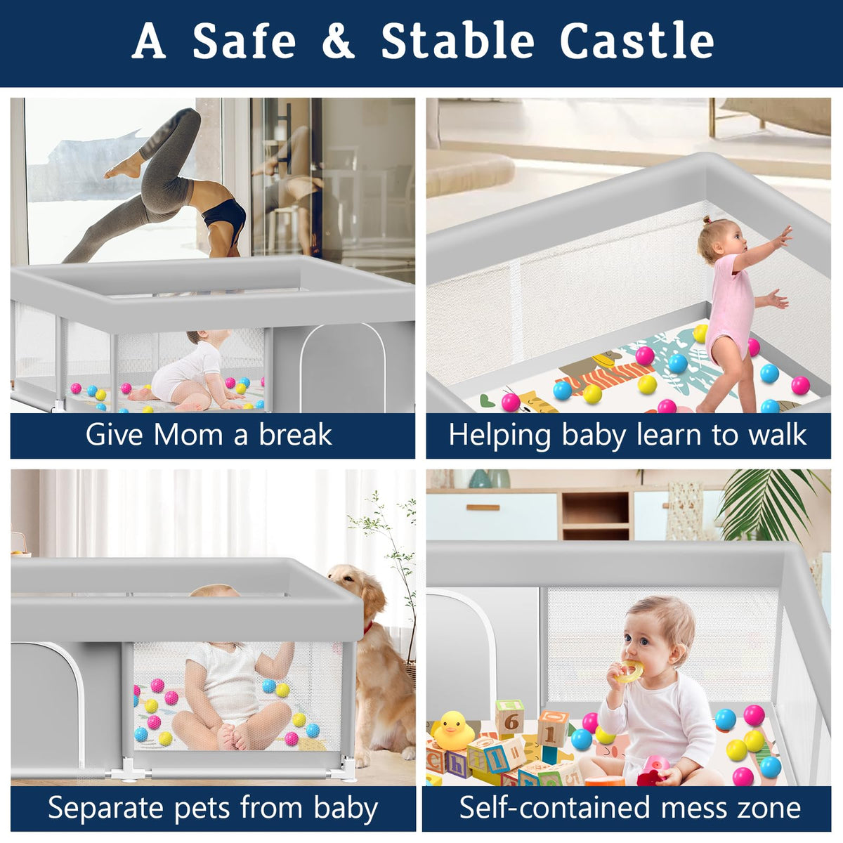 Baby Playpen with Mat, 50x50 Inch Playpen with Mat Waterproof for Babies and Toddlers Play Pen Playards Safety Gate Fence Active Center Indoor
