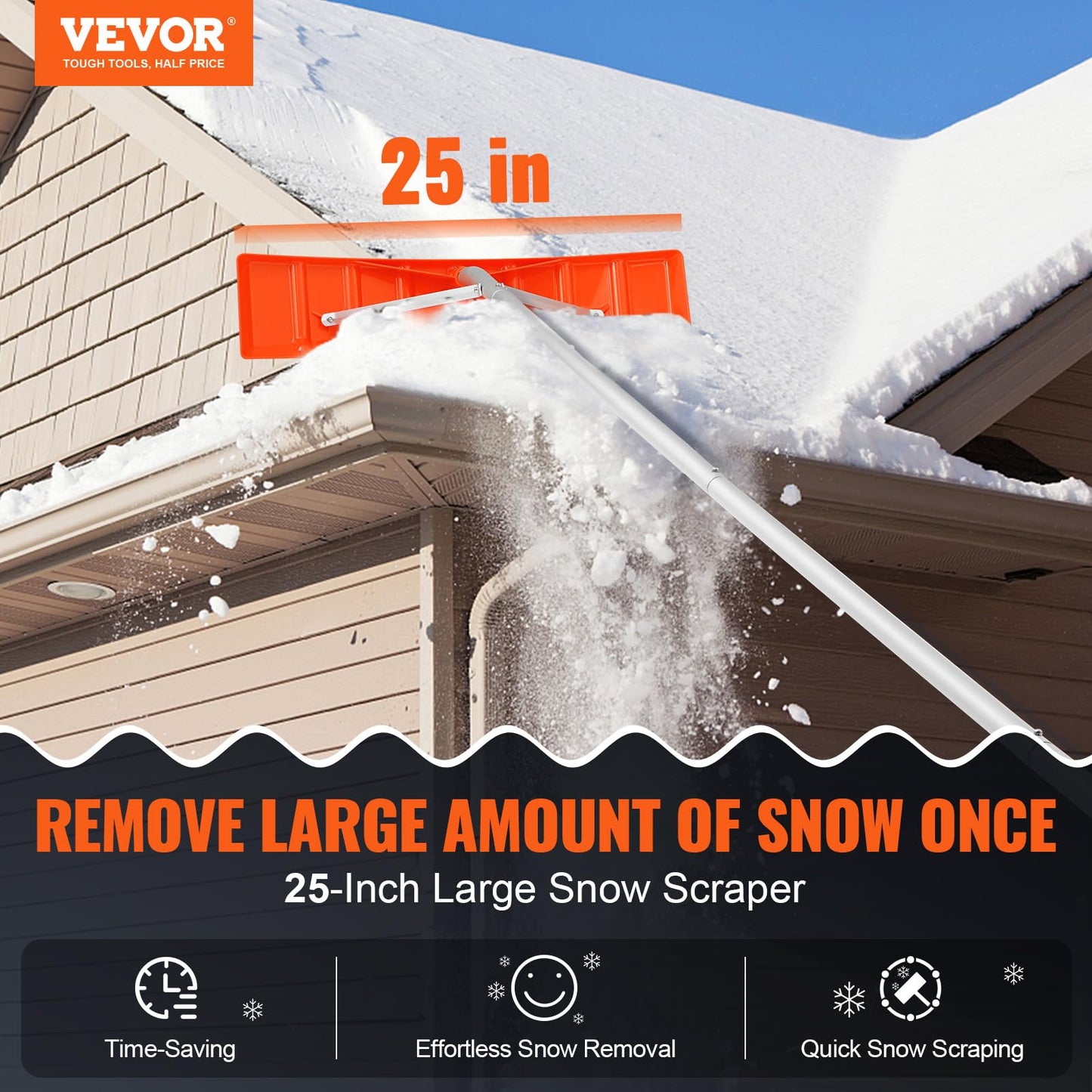 VEVOR Snow Roof Rake, 21ft Reach Aluminium Handle, 25" Plastic Blade Snow Removal Tool, Superior Roof Shovel with Anti-Slip Handle Grip, Easy to Setup & Use for House Roof, Wet Leaves, Car Snow
