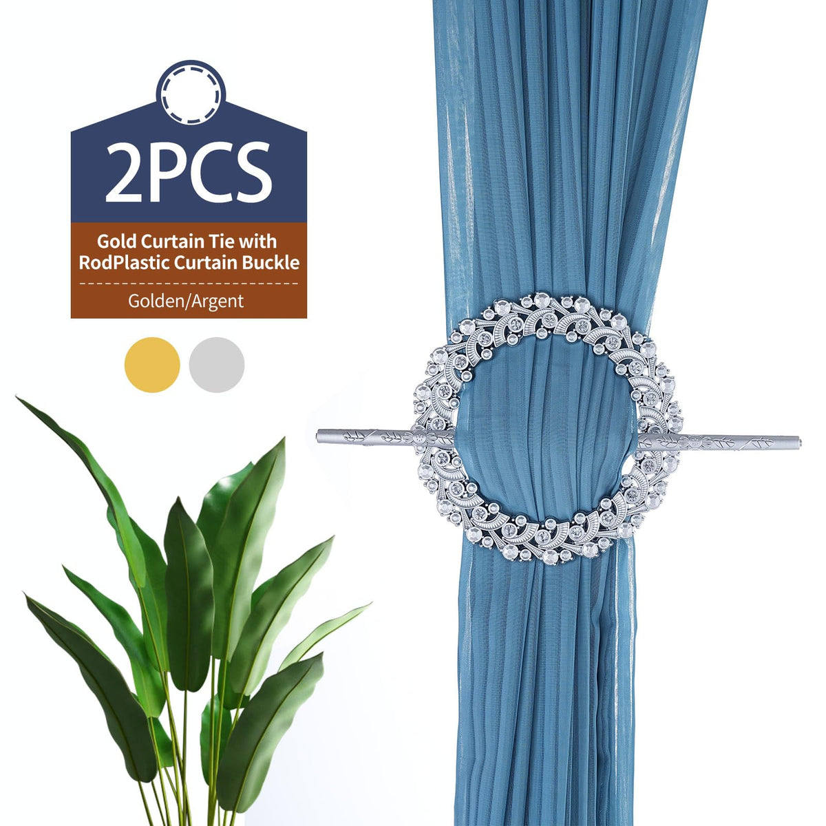 GFOZIOG Crystal Curtain Tiebacks, Gold Plastic Holdbacks with Mounting Rod, Decorative Design with 20 Crystals, 7.6x4.52 Inch, 2 Pack (Gold)