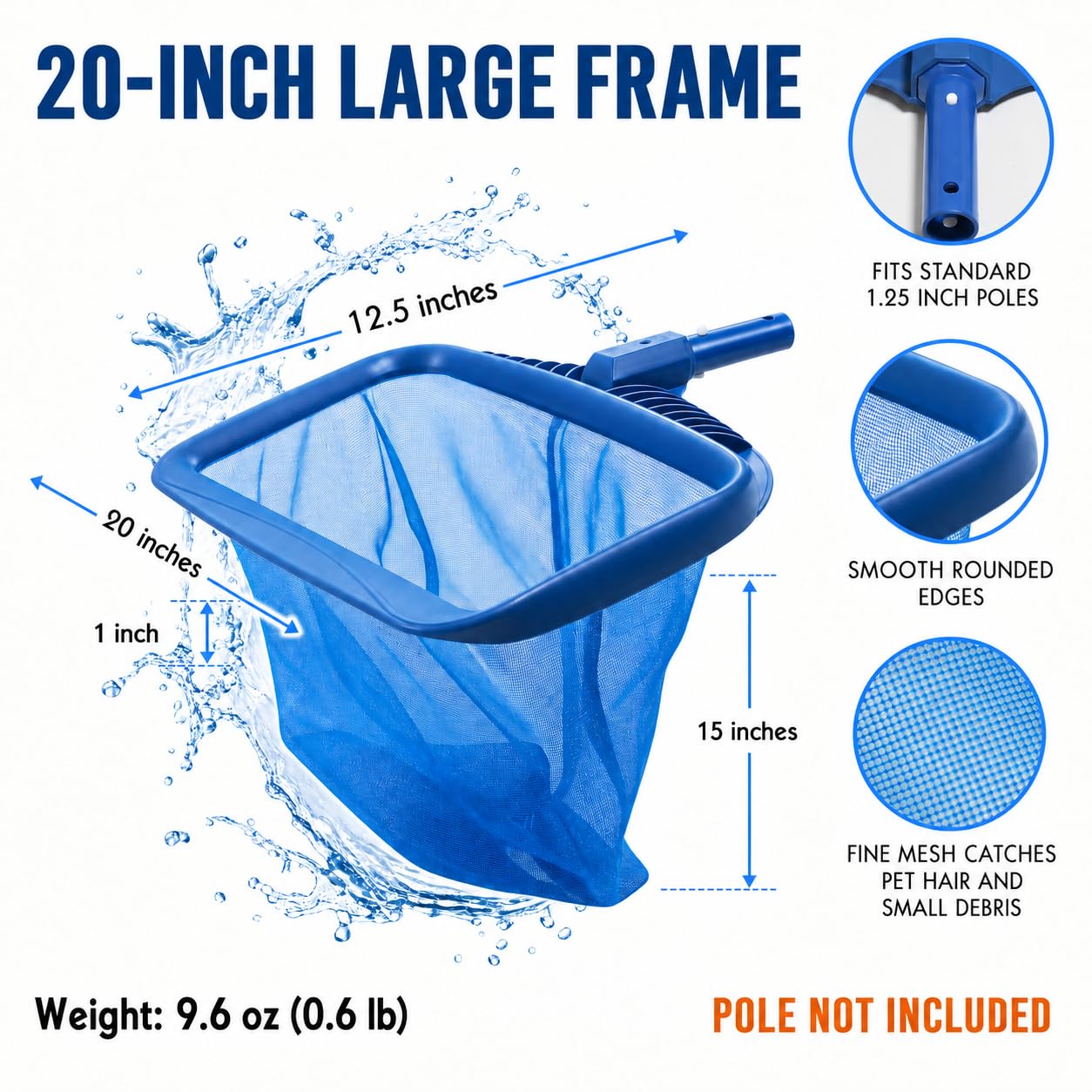 STARGOODS 20" Pool Skimmer Net - Heavy-Capacity Deep Bag Leaf Rake for Inground & Above Ground Pools - Fine Mesh Catches Leaves, Pet Hair & Debris - Pool-Safe Rounded Edges - Fits Standard Poles, Blue