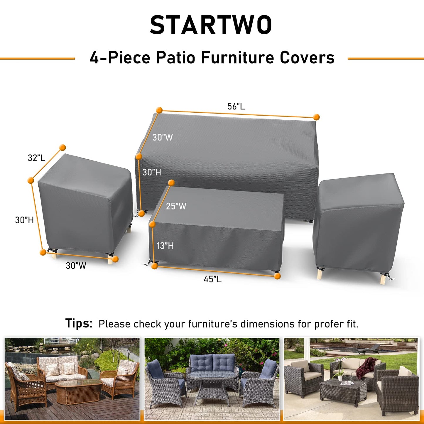 STARTWO Outdoor Waterproof Patio Furniture Covers 4-Piece Set for Chairs, Loveseat and Coffee Table, Grey