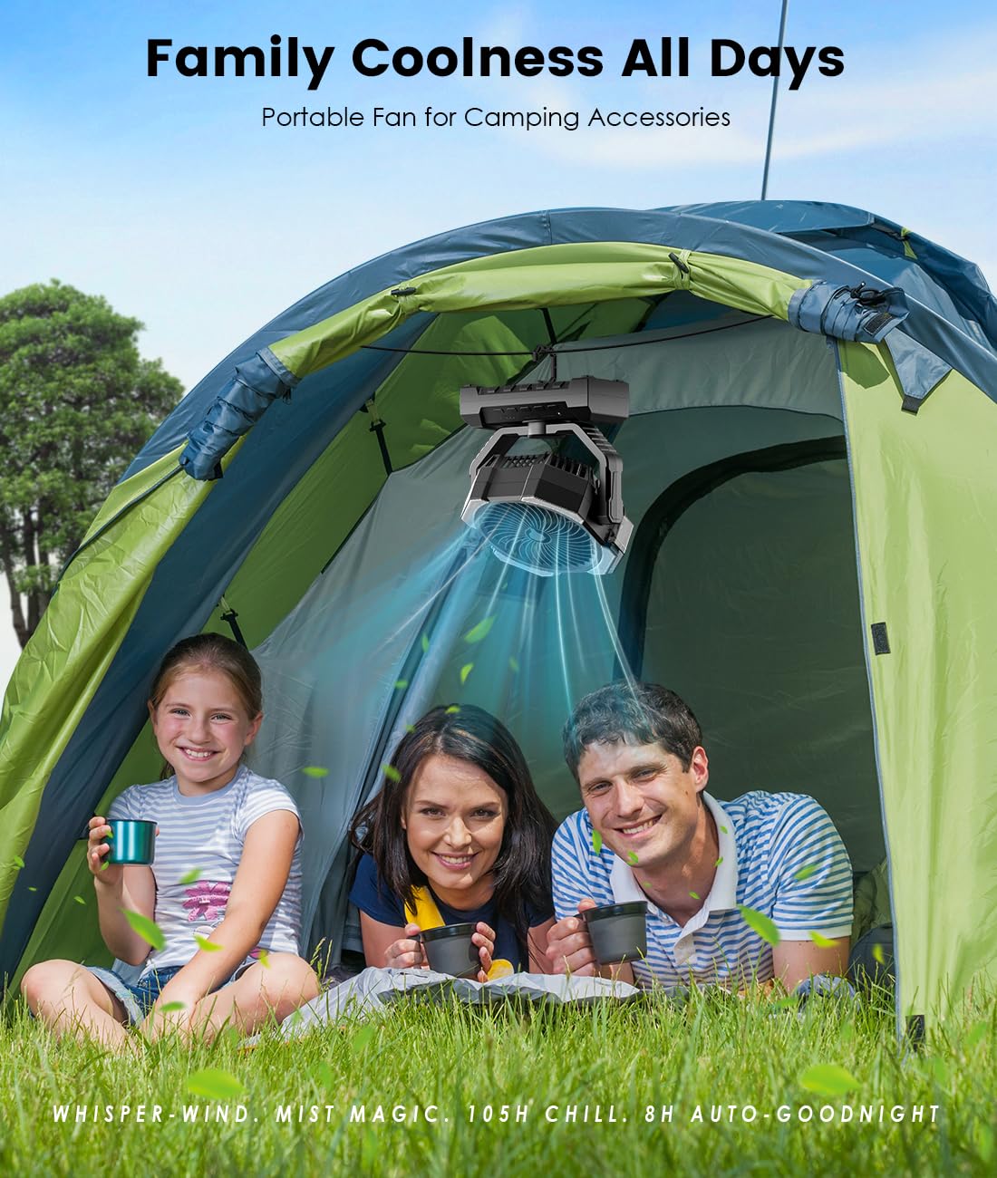 Aopircs Camping Misting Fan - 24000mAh Portable Battery Powered Fans with 9oz Water Tank, Light, Hook - Rechargeable, 120H Cooling, Last 5H Mist, 4 Speed, Sleep Mode - Outdoor Gear, Travel Essentials