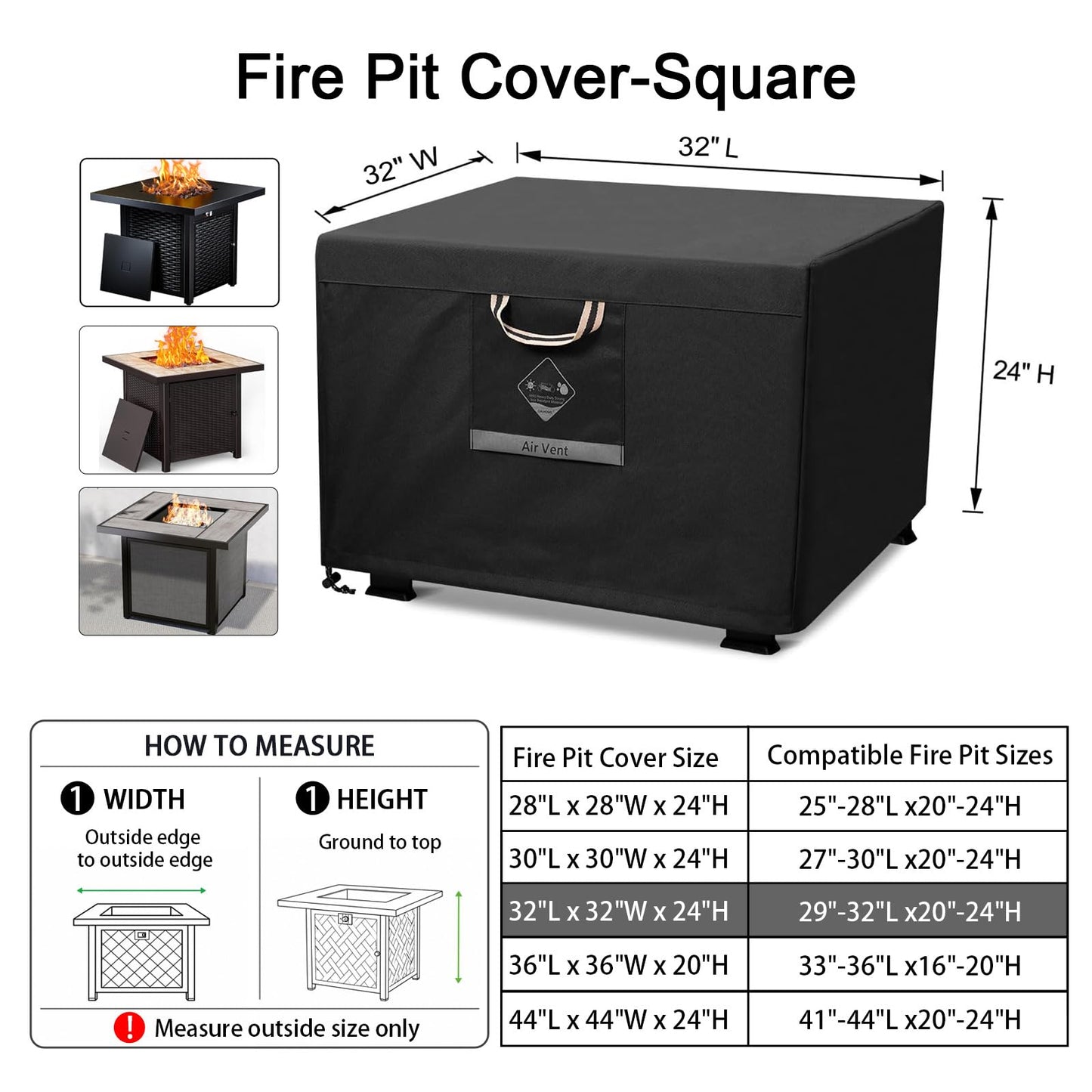 QH.HOME Fire Pit Cover Square Heavy Duty Fabric 100% Waterproof, Fits Outdoor for 29”,30 inch,31 inch,32 inch Fire Pit/Table Cover,Gas Fire Pit Cover (32”L x 32”W x 24”H,Black)