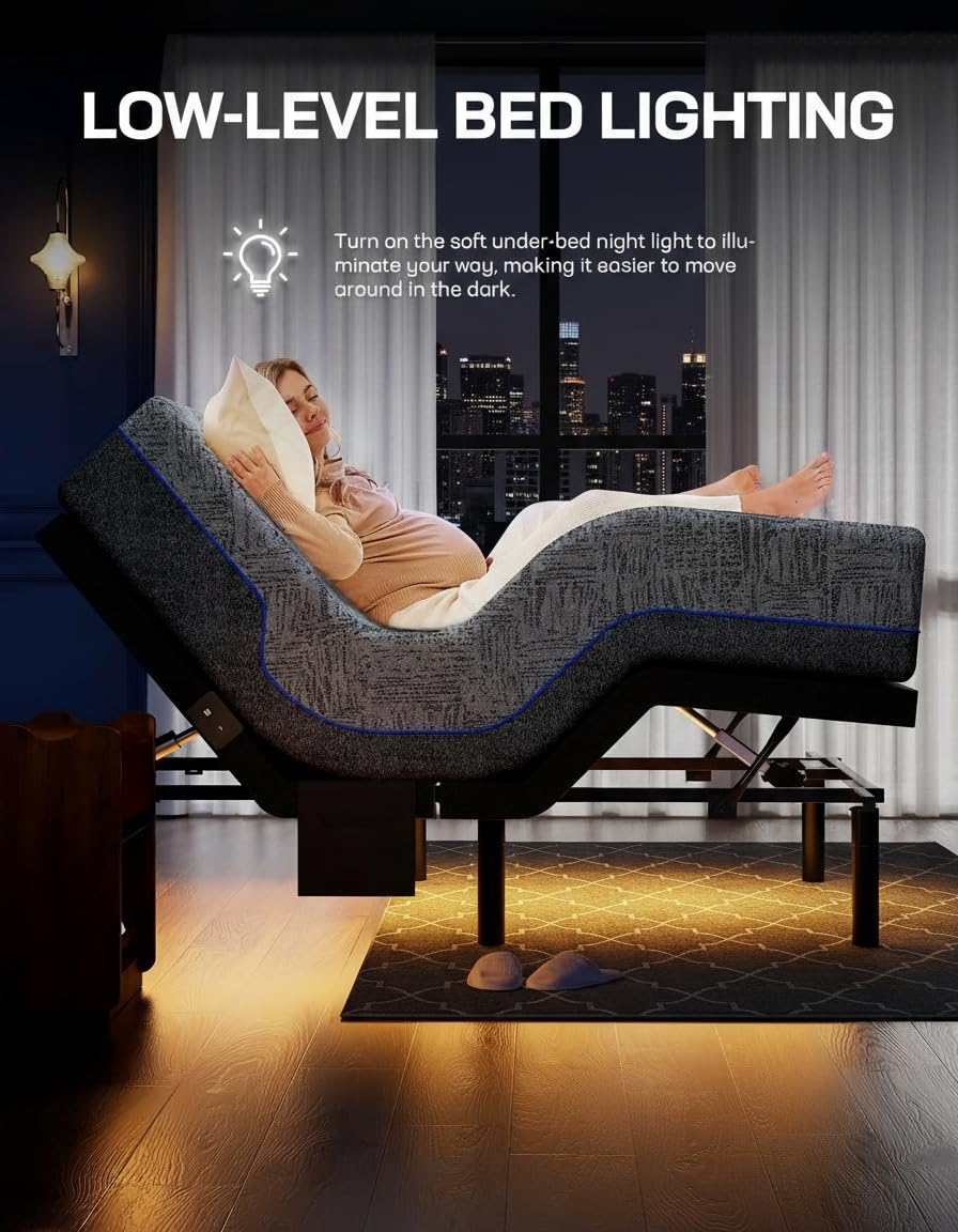 Marsail Queen Adjustable Bed Frame with Massage, Electric Adjustable Bed Base with Head & Foot Incline, Quiet Motor Adjustable Bed Frame with USB Ports, LED Light, Height-Adjustable Legs