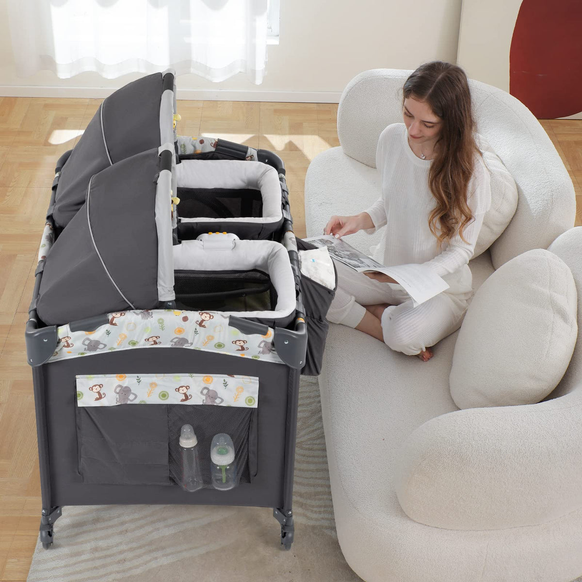 okaytwins Twin Bassinet & Full-Size Infant Bedside Bassinet & Playard for Baby, Includes 2 Removable Rock-A-Bye Portable Bassinets with Storage Bags, Gray