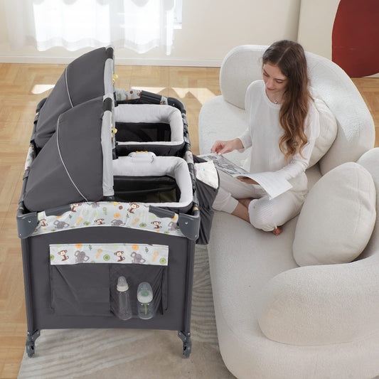 okaytwins Twin Bassinet & Full-Size Infant Bedside Bassinet & Playard for Baby, Includes 2 Removable Rock-A-Bye Portable Bassinets with Storage Bags, Gray