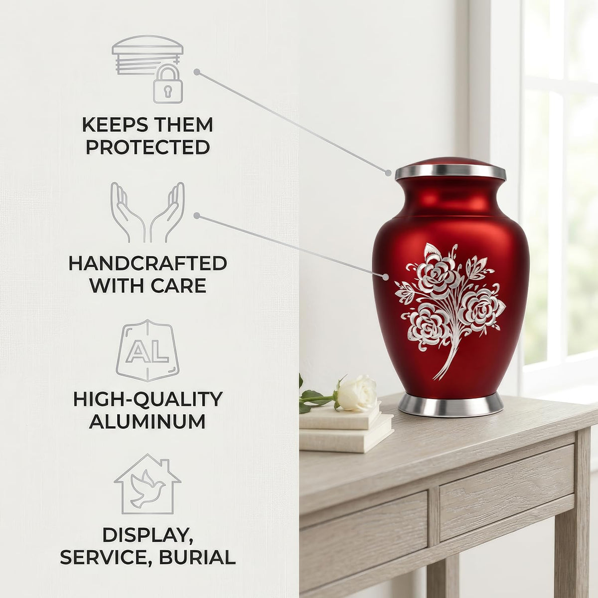 Large Cremation Urns for Human Ashes Adult Female - 200 Cubic Inches Capacity - Handcrafted Rose Urn Design - Honor Your Loved Ones with Decorative Funeral Urn for Ashes for Women (Red)