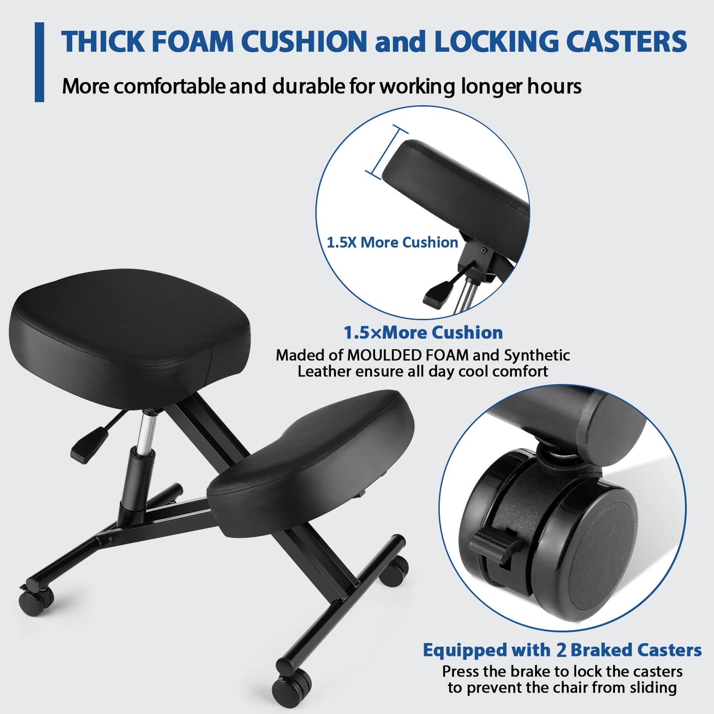 Ergonomic Kneeling Chair, Meditation Chair with Height Adjustable and Cushion for Home and Office, Posture Office Stool with an Angled Seat and Casters