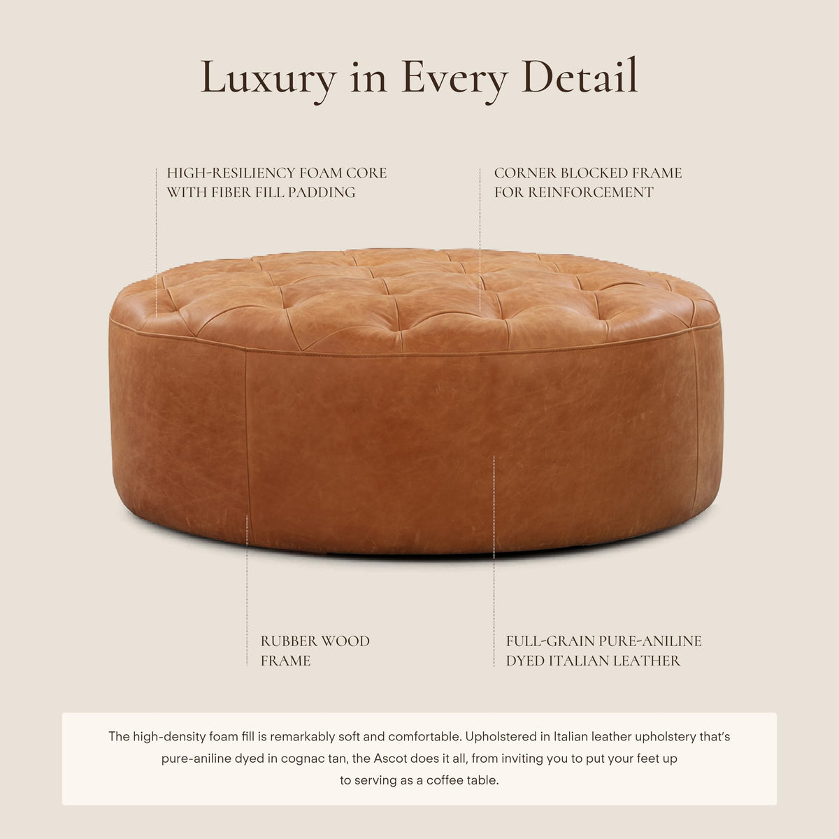 POLY & BARK Ascot Ottoman – 40" Round Pouf with Feather-Down Topper – Full-Grain Leather Upholstered Pouf Ottoman for Living Room – Vintage Italian Leather in Cognac Tan