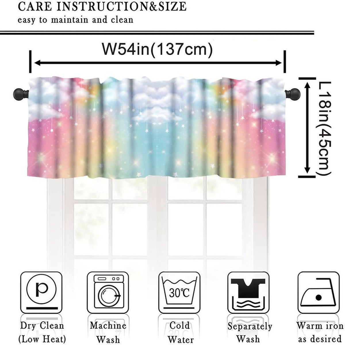 TFOSO Rainbow Valance Curtains,Kids Girls Cute Colorful Clouds Pastel Starry Sky Stars Aesthetic Short Drape for Living Room Cafe Restaurant Window Treatment 1 Panel 54" W x 18" L Inch