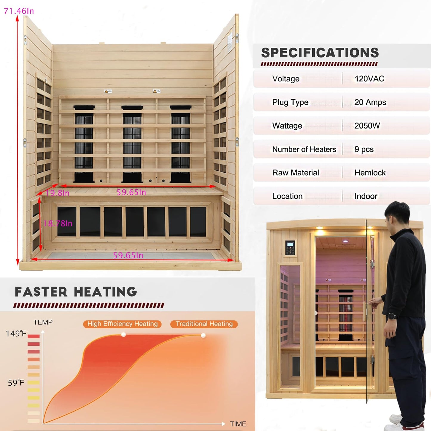 KUNSANA 3 Person Infrared Sauna, Ceramic Infrared Sauna 3 Person, Far Infrared Saunas for Home, Low EMF Infrared Indoor Sauna, Hemlock Wooded Sauna Room, Bluetooth Speakers, Chromotherapy Lights