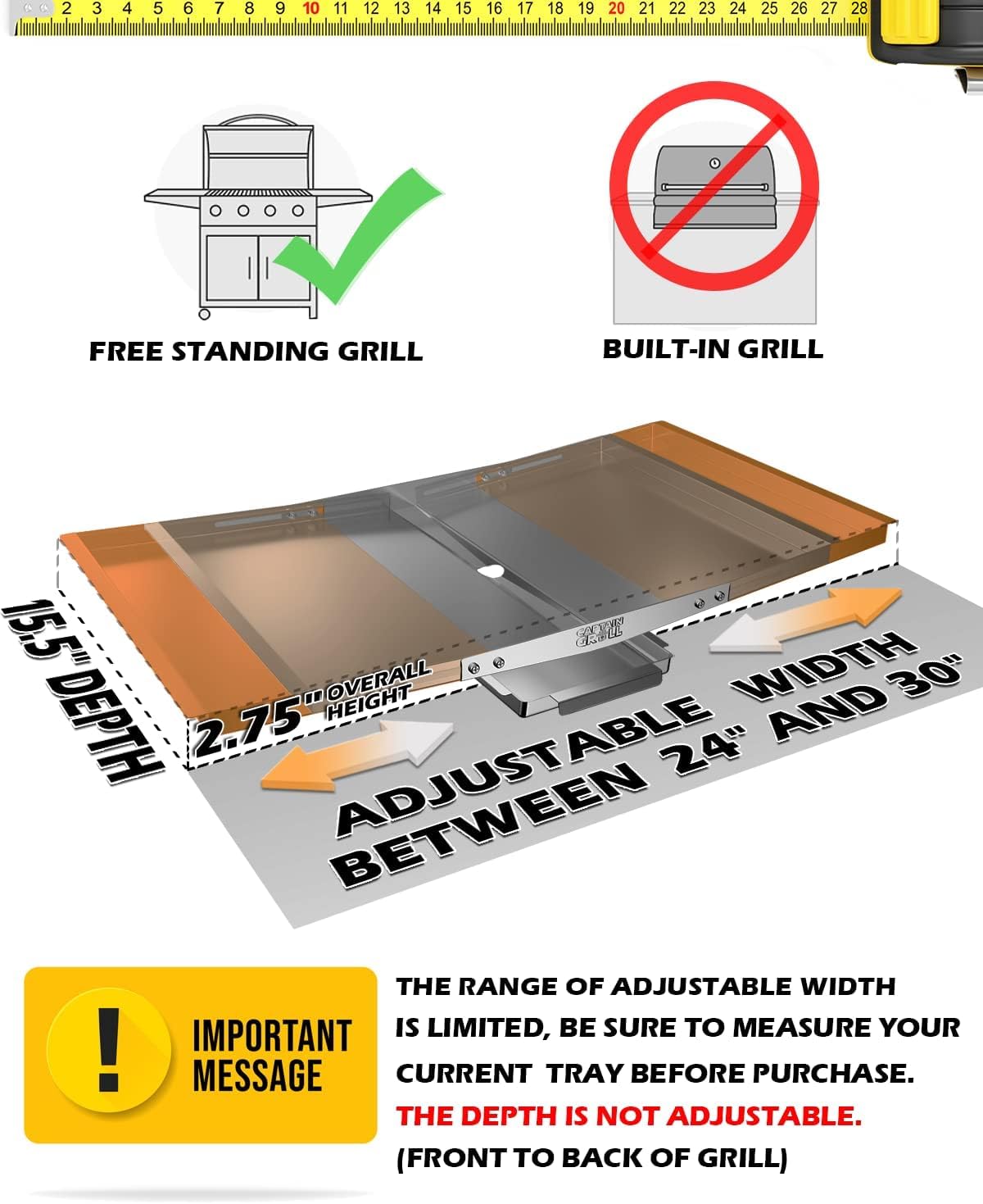 CaptainGrill Grease Tray with Catch Pan - Dyna Glo Grill Replacement Parts, Universal Drip Pan for 4/5 Burner Gas Grill Models from Dyna Glo, Nexgrill, Expert Grill, Kenmore, BHG and More (24"-30")