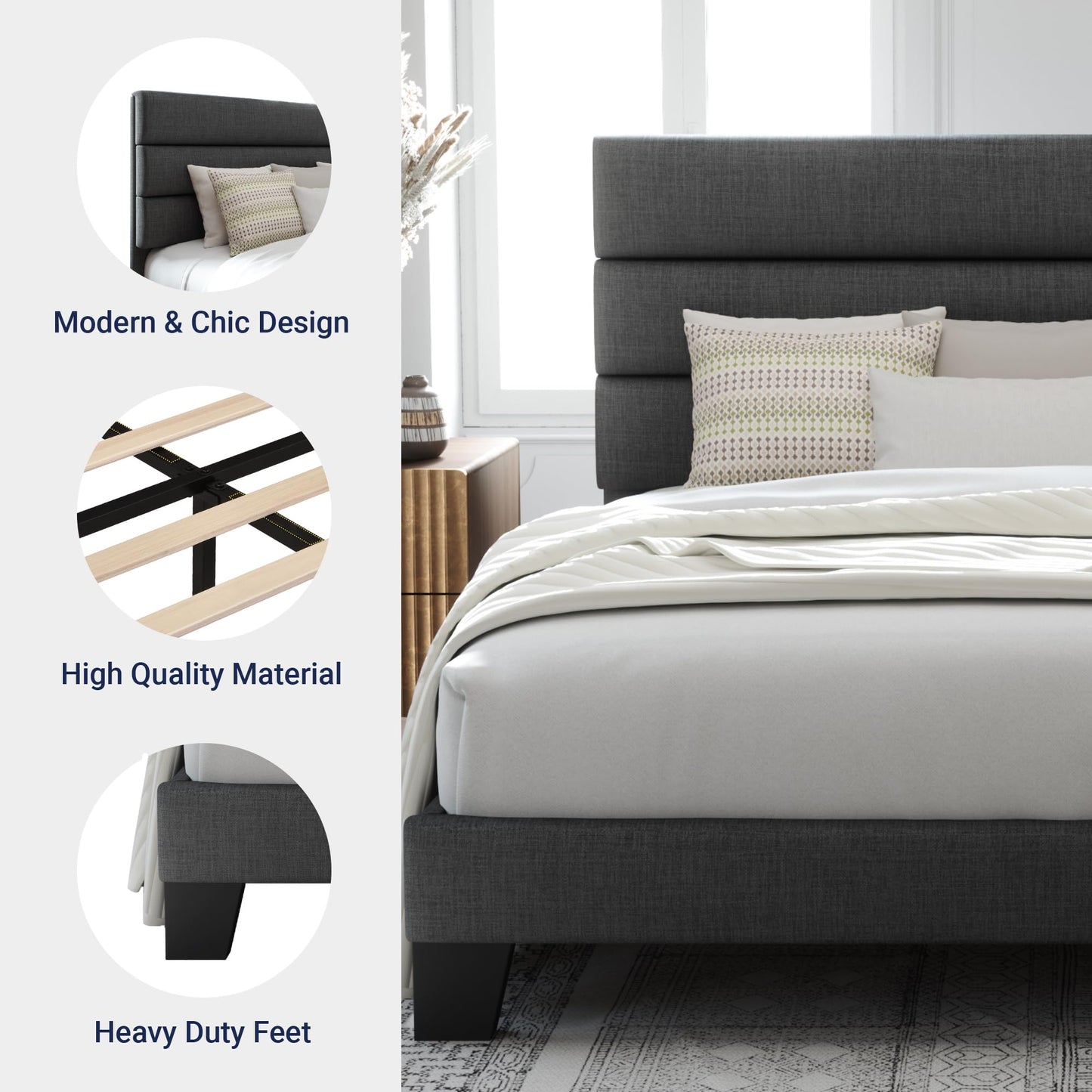 Allewie Queen Size Platform Bed Frame with Fabric Upholstered Headboard