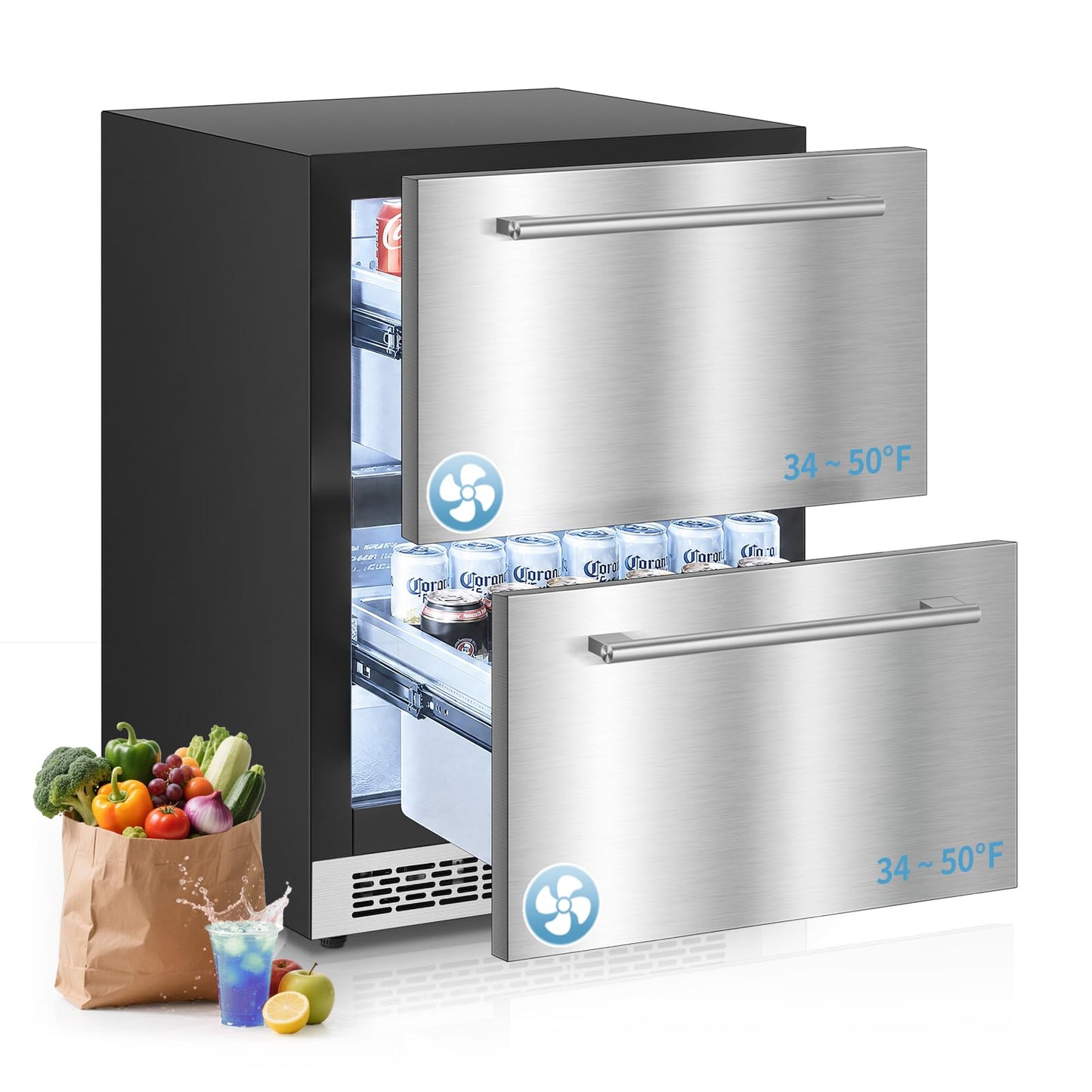 FOHERE 24" Undercounter Drawer Refrigerator, Waterproof Indoor and Outdoor Stainless Steel Beverage Refrigerator, LED Display, Low Noise, Frost-Free, Built-in/Freestanding, for Home and Commercial Use