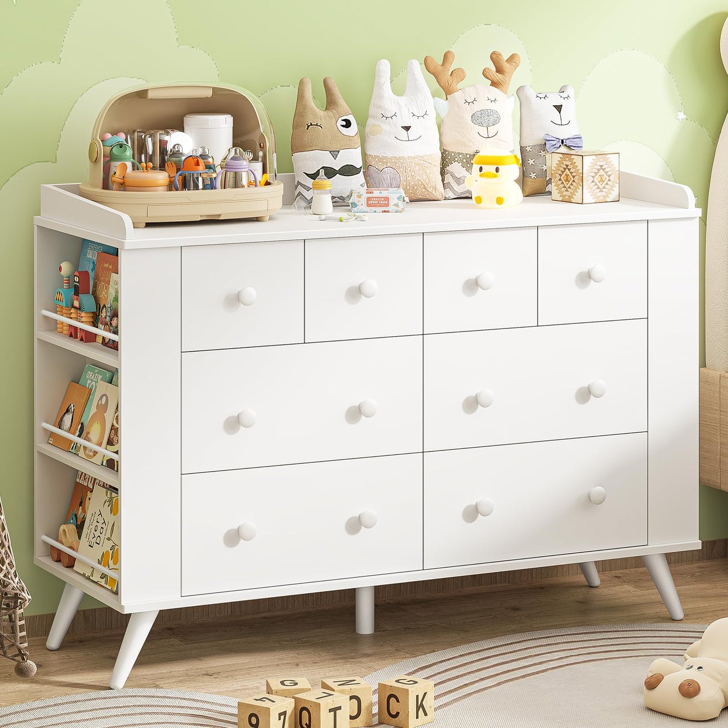 Halitaa Kids Dresser Cabinet with 8 Drawers, White Chest of Drawers with Open Shelving, Baby Dresser, Kids Bedroom Furniture, Nightstand for Child' s Room, White