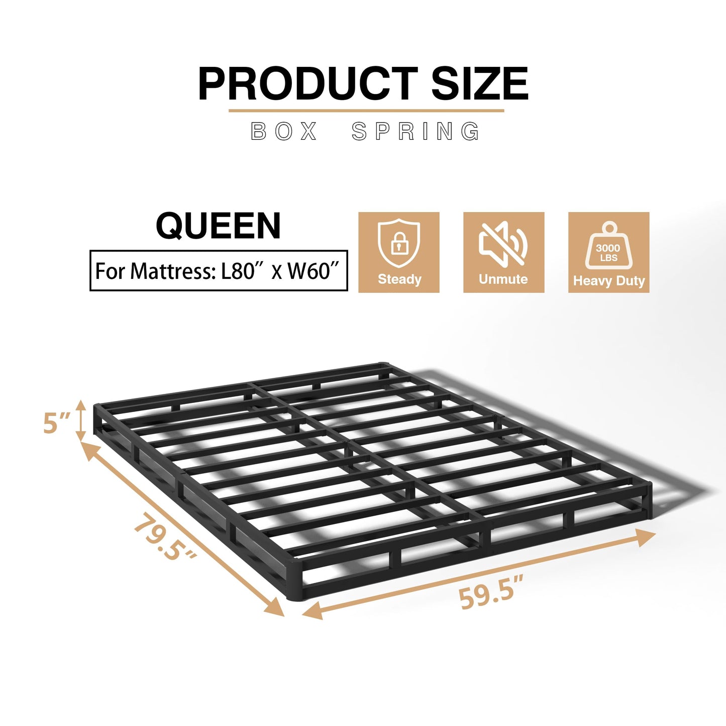 TROZULER 5 Inch Box Spring for Queen Bed, Heavy Duty Metal Mattress Foundation, 3000 lbs Capacity, Low Profile, Noise-Free, Easy Assembly with Fabric Cover