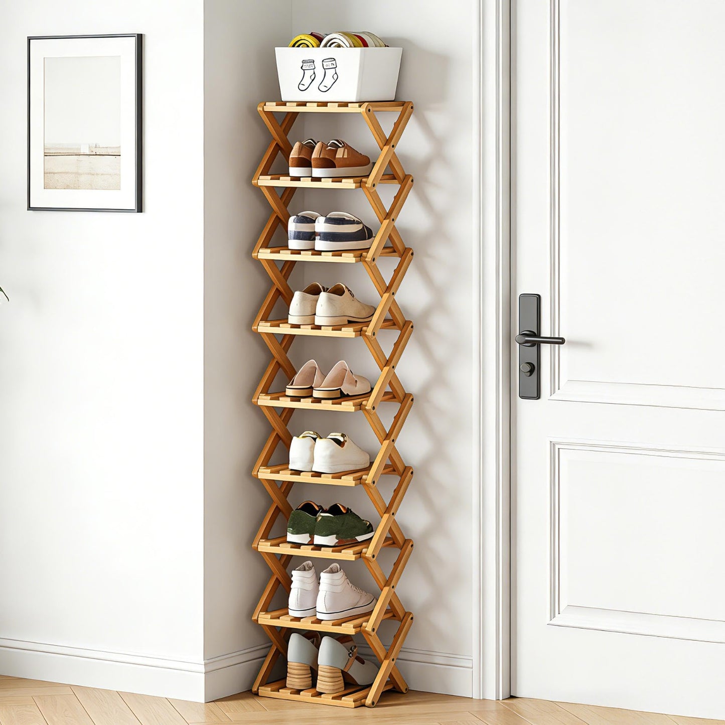 9 Tier Bamboo Shoe Rack, Foldable Narrow Shoe Organizer, Space Saving Vertical Shoe Storage Shelf Tower, No Assembly Eco-Friendly Wooden Shoe Rack for Closet & Entryway, Small Spaces (Bamboo, 9)