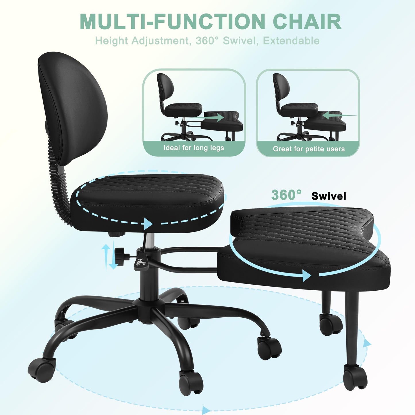 GUNJI Ergonomic Criss Cross Legged Office Chair, 360° Swivel Meditation Kneeling Chair with Wheels, ADHD Chair with Footrest, Lumbar Support, Wider Height Adjustable Seat (Black, Faux Leather)
