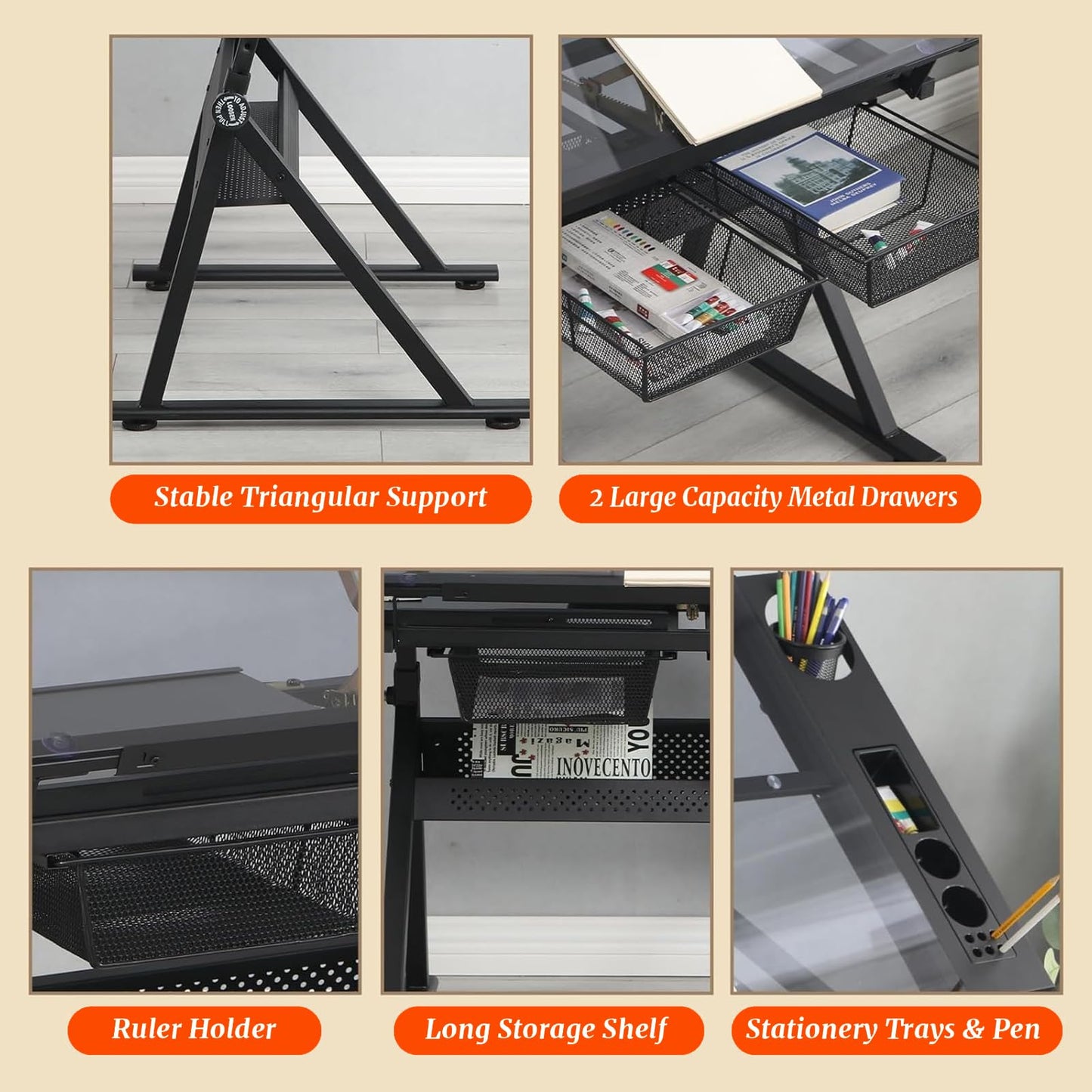 Drafting Table with Storage & Stool, Tempered Glass, 0-75° Lockable Angle, 27.16" to 35.82" Adjustable Height, 40.15" x 23.62'' Tabletop, 2 Drawers and Shelf, Tilted Writing Drawing Table, Black