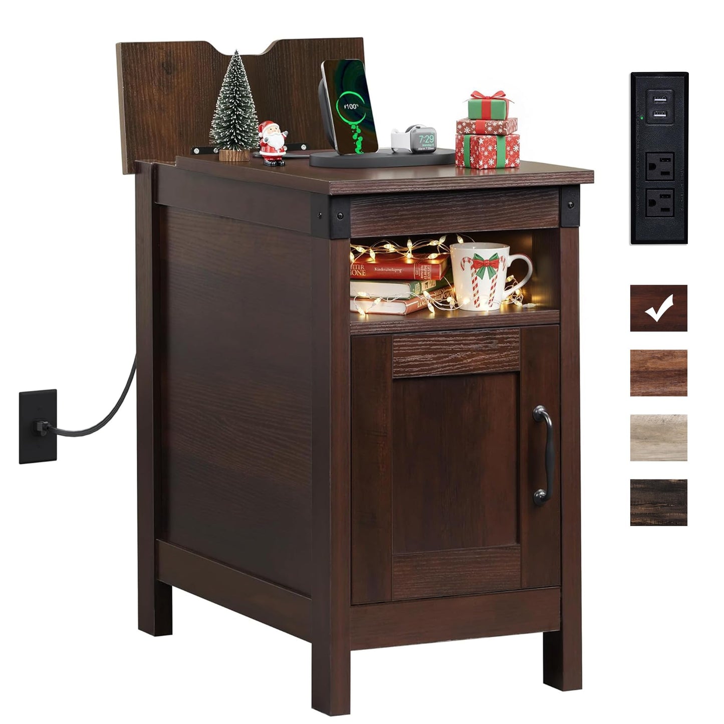 WLIVE End Table with Charging Station, Narrow Side Table for Living Room, Farmhouse Night Stand with Storage, Small Wooden Nightstand with USB Ports and Outlets for Living Room and Bedroom, Espresso
