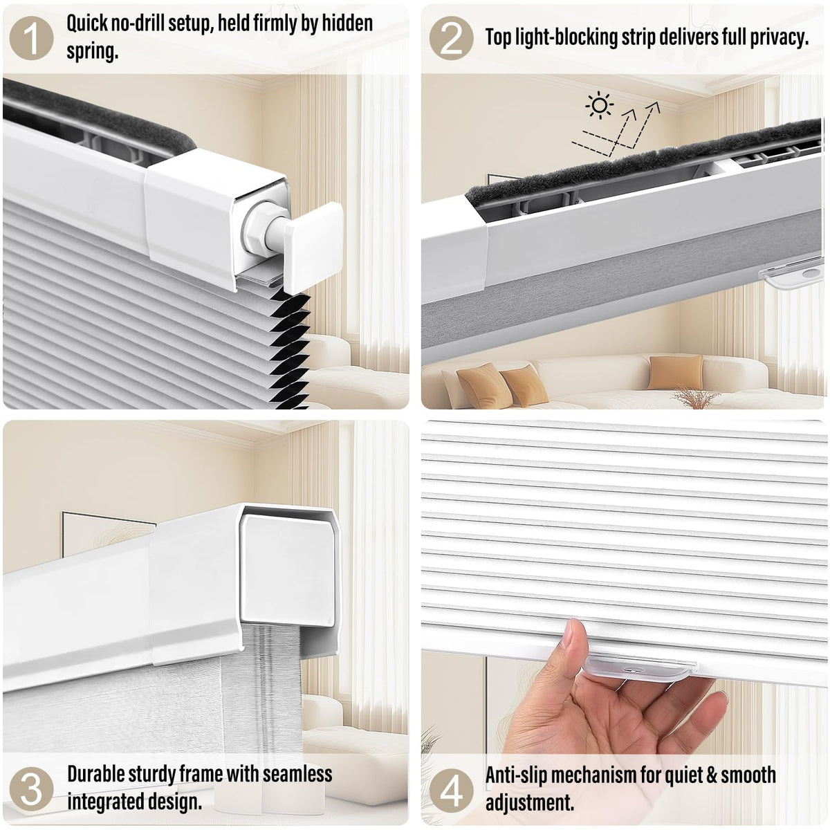 SUNOFF Cordless No Drill Blackout Cellular Shades, 34" W x 64" H, White