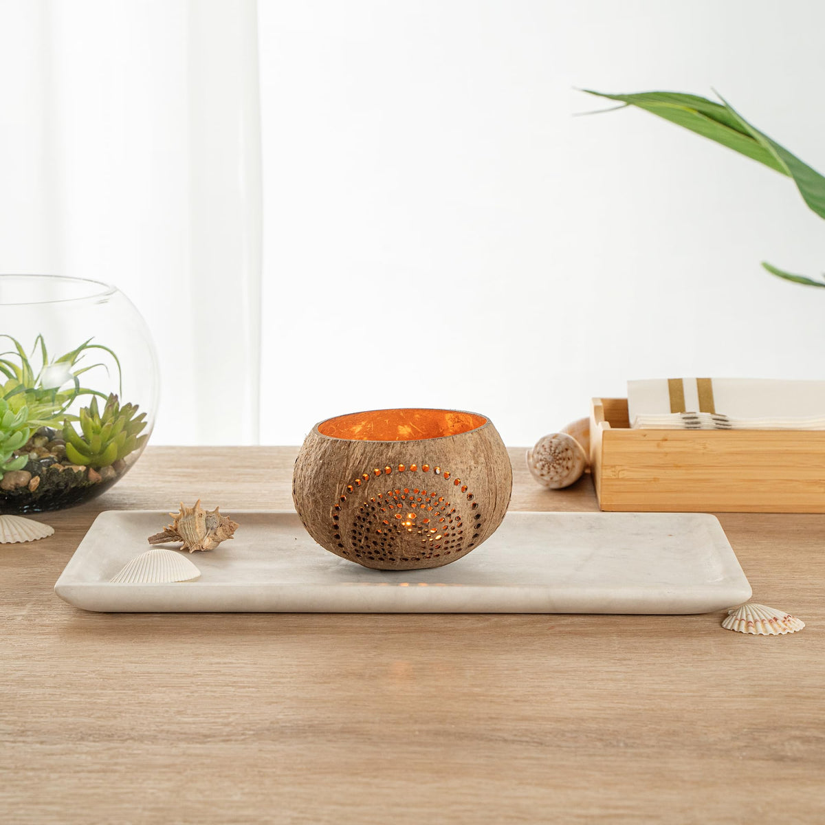 Restaurantware-Coco Casa 4 x 3.3 Inch Coconut Shell Candle Holders, 1 Reusable Tealight Holders - Candle Not Included, Rainbow Pattern, Tan Coconut Bowls For Candles, Handcrafted