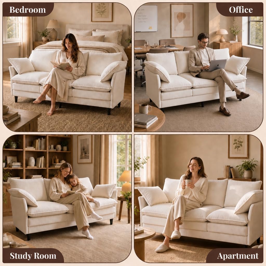 KYJ 69 Inch Small Sofa, 3-Seater Loveseat Couch with Cloud 2 Layer Cushion, 22.8" Deep Seat, Oversized Pillows, Chenille Fabric, Compact for Small Spaces,Apartment, Living Room, Studio, Office, Beige